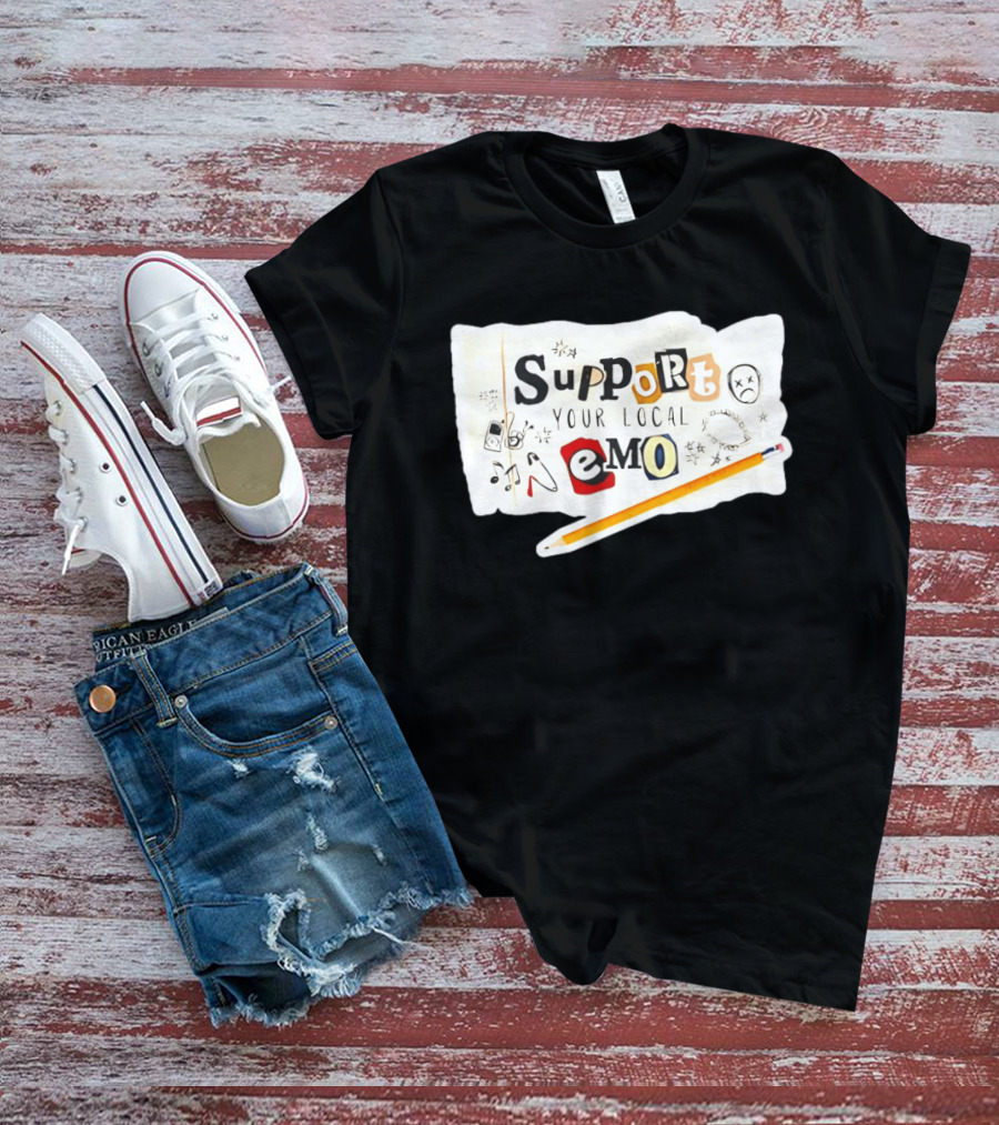 Support Your Local Emo Cutout Style With Pencil And Emojis T-Shirt