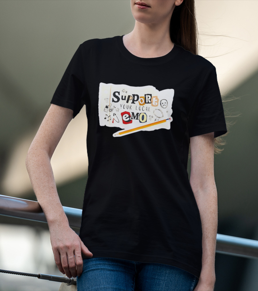 Support Your Local Emo Cutout Style With Pencil And Emojis T-Shirt