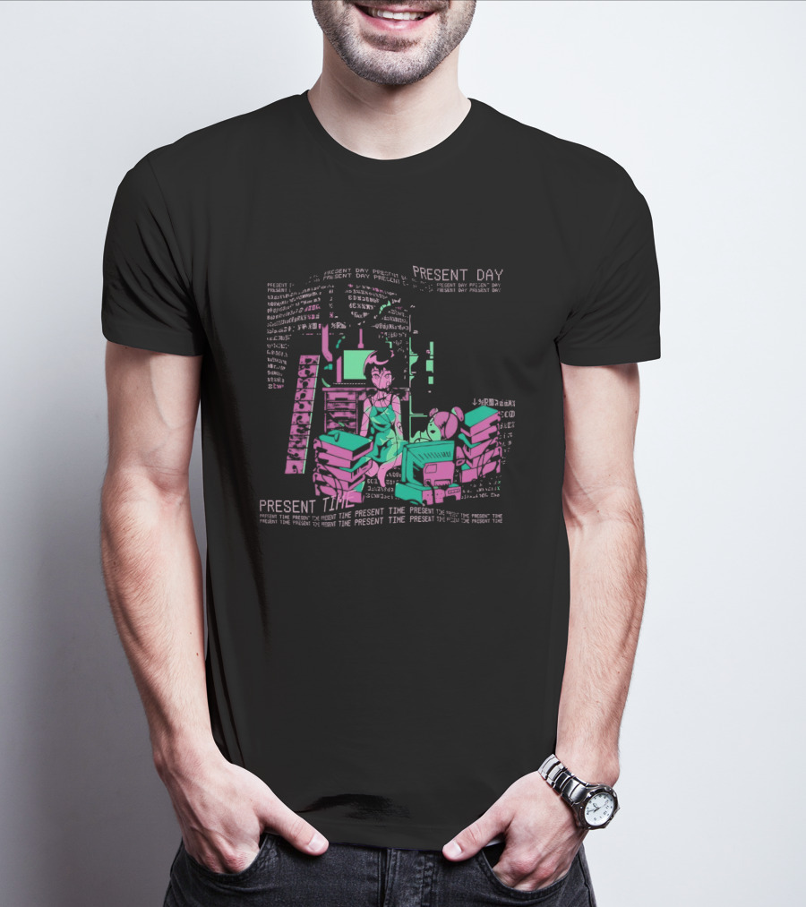 Connect To The Wired Present Day Present Time Retro Tech Aesthetic Stack Of Devices T-Shirt