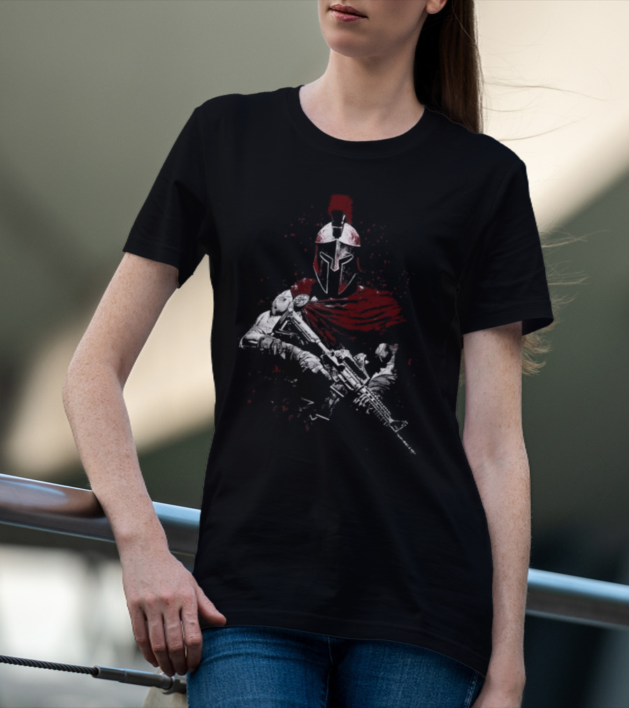 Warrior Ethos Holding Gun Wearing Spartan Helmet Blood Red Cape T-Shirt