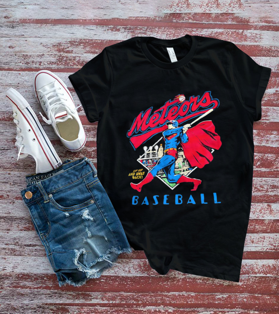 Meteors Baseball Superhero Swinging Bat Power City Stadium Iconic Comic T-Shirt