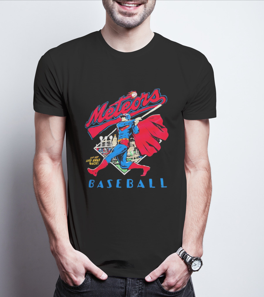 Meteors Baseball Superhero Swinging Bat Power City Stadium Iconic Comic T-Shirt