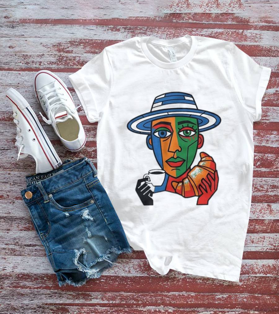 Cubist Coffee Drinker With Hat And Croissant T-Shirt