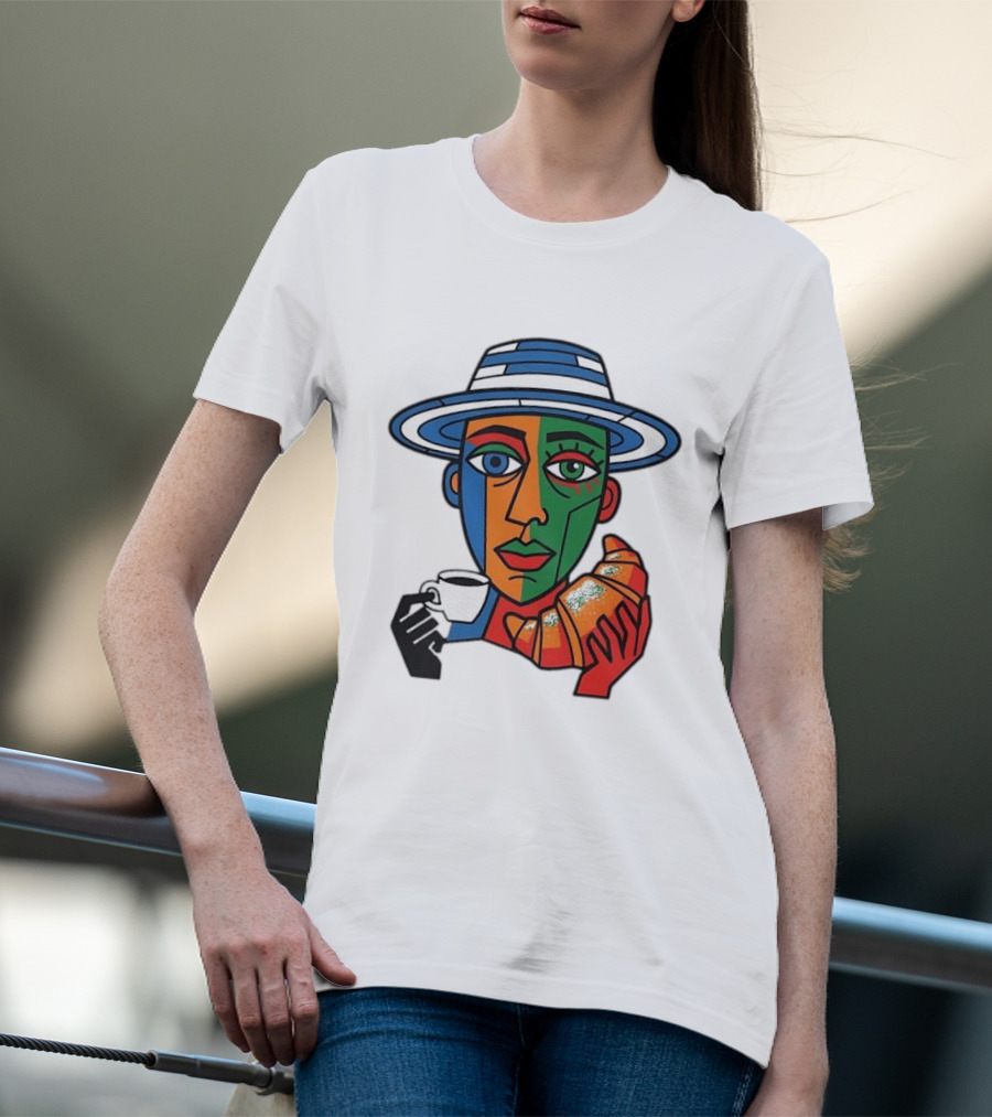 Cubist Coffee Drinker With Hat And Croissant T-Shirt