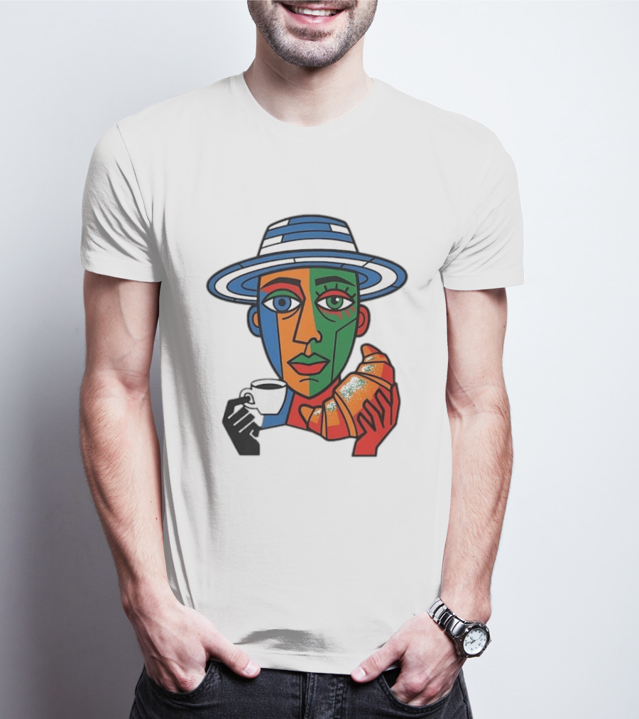 Cubist Coffee Drinker With Hat And Croissant T-Shirt