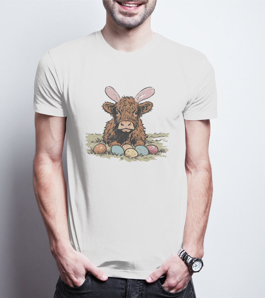 Highland Cow With Easter Eggs And Bunny Ears Easter Day 2026 T-Shirt