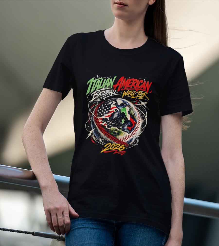 Italian American Baseball World Tour 2026 Flag Design Globe Baseball T-Shirt