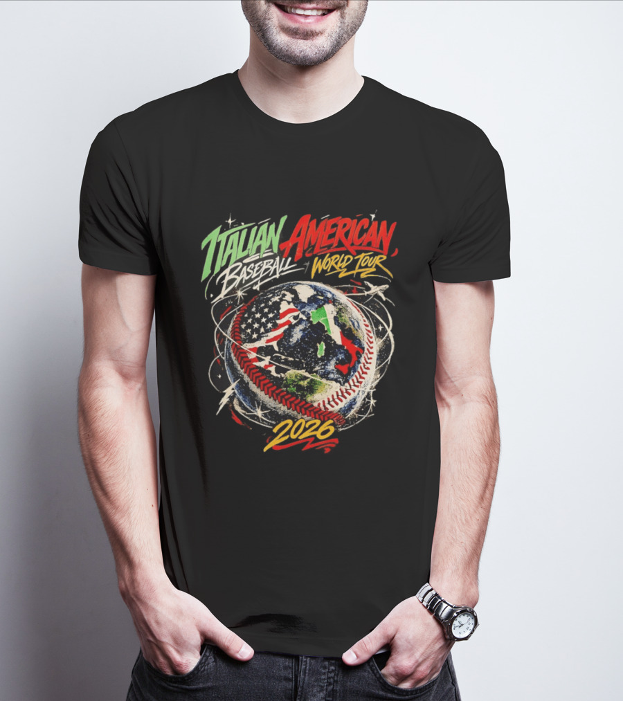 Italian American Baseball World Tour 2026 Flag Design Globe Baseball T-Shirt