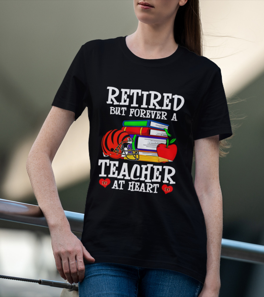 Retired But Forever A Teacher At Heart With Books Helmet And Apple T-Shirt