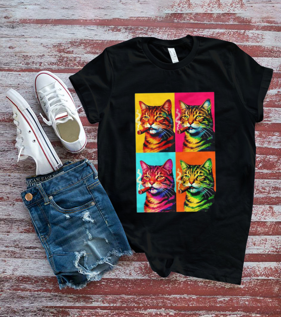 Pop Art Cat Smoking Cigar Colorful Comic T-Shirt