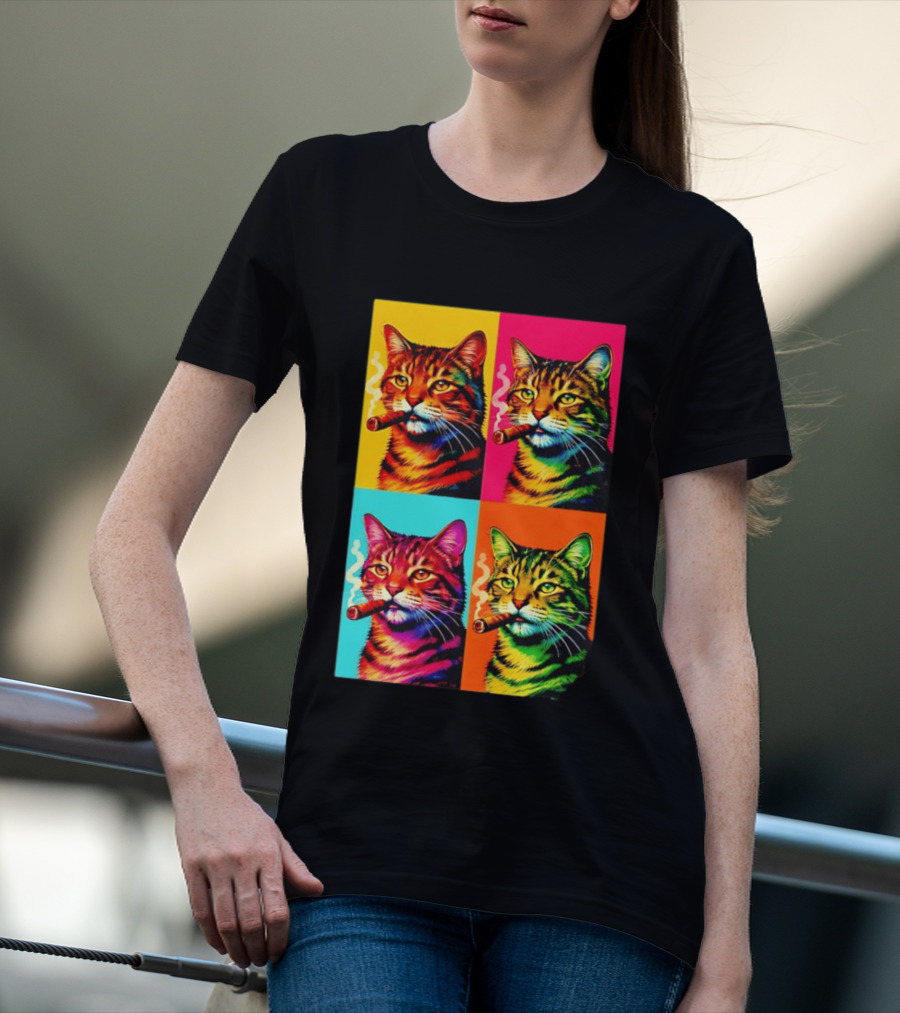 Pop Art Cat Smoking Cigar Colorful Comic T-Shirt