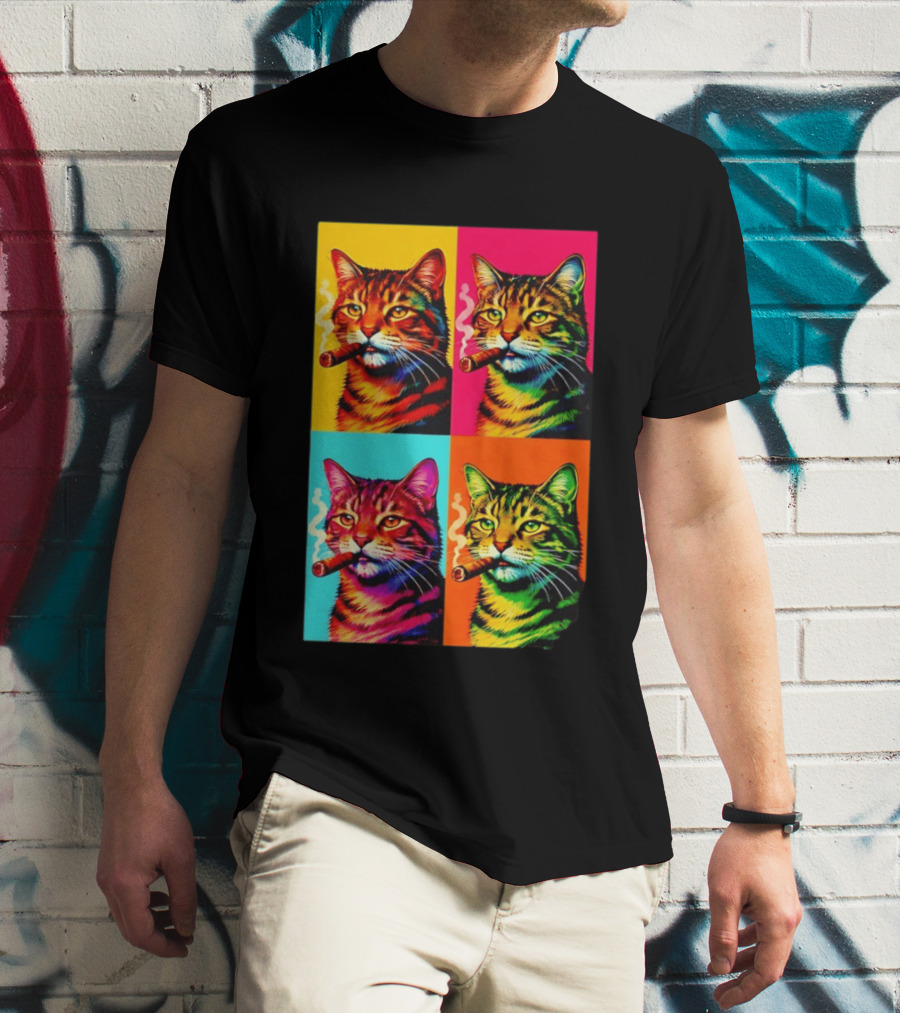 Pop Art Cat Smoking Cigar Colorful Comic T-Shirt