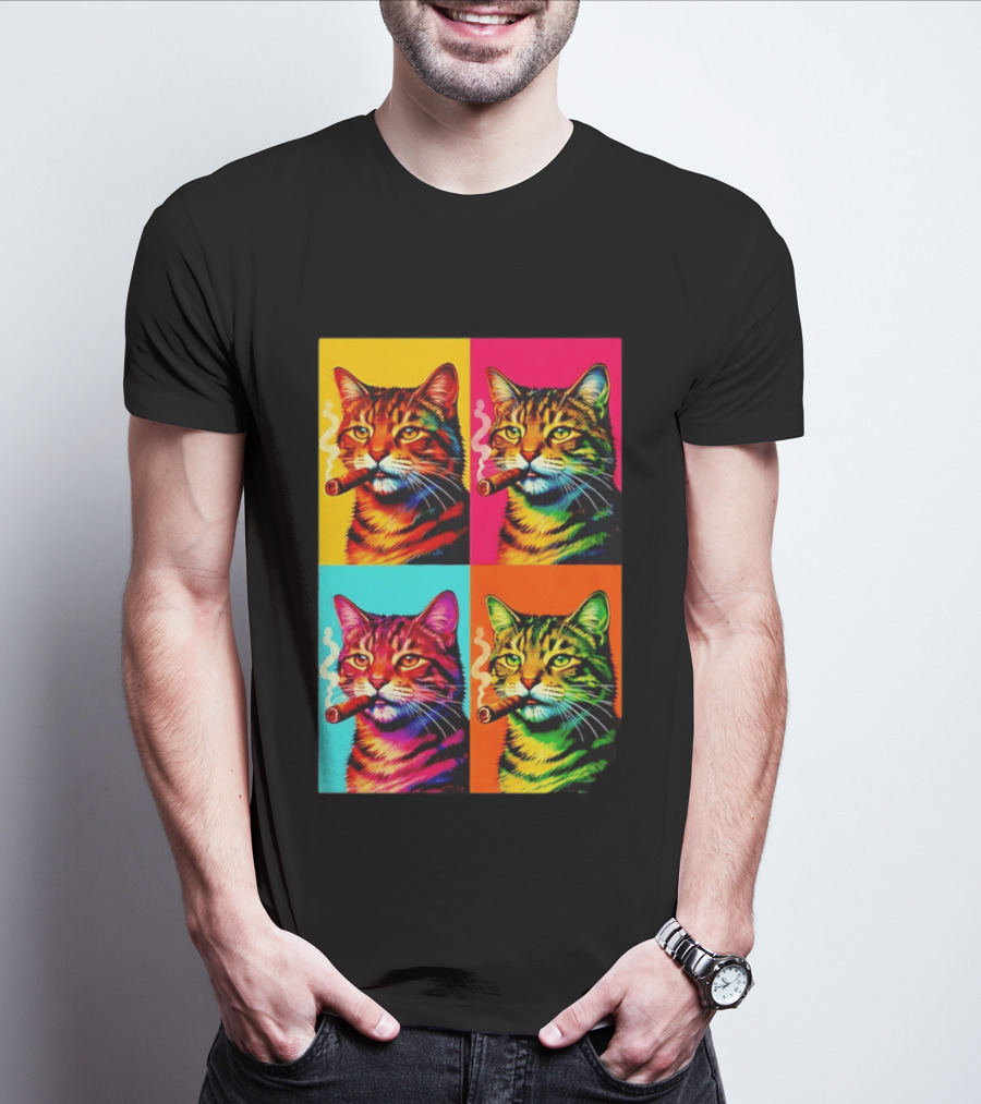 Pop Art Cat Smoking Cigar Colorful Comic T-Shirt