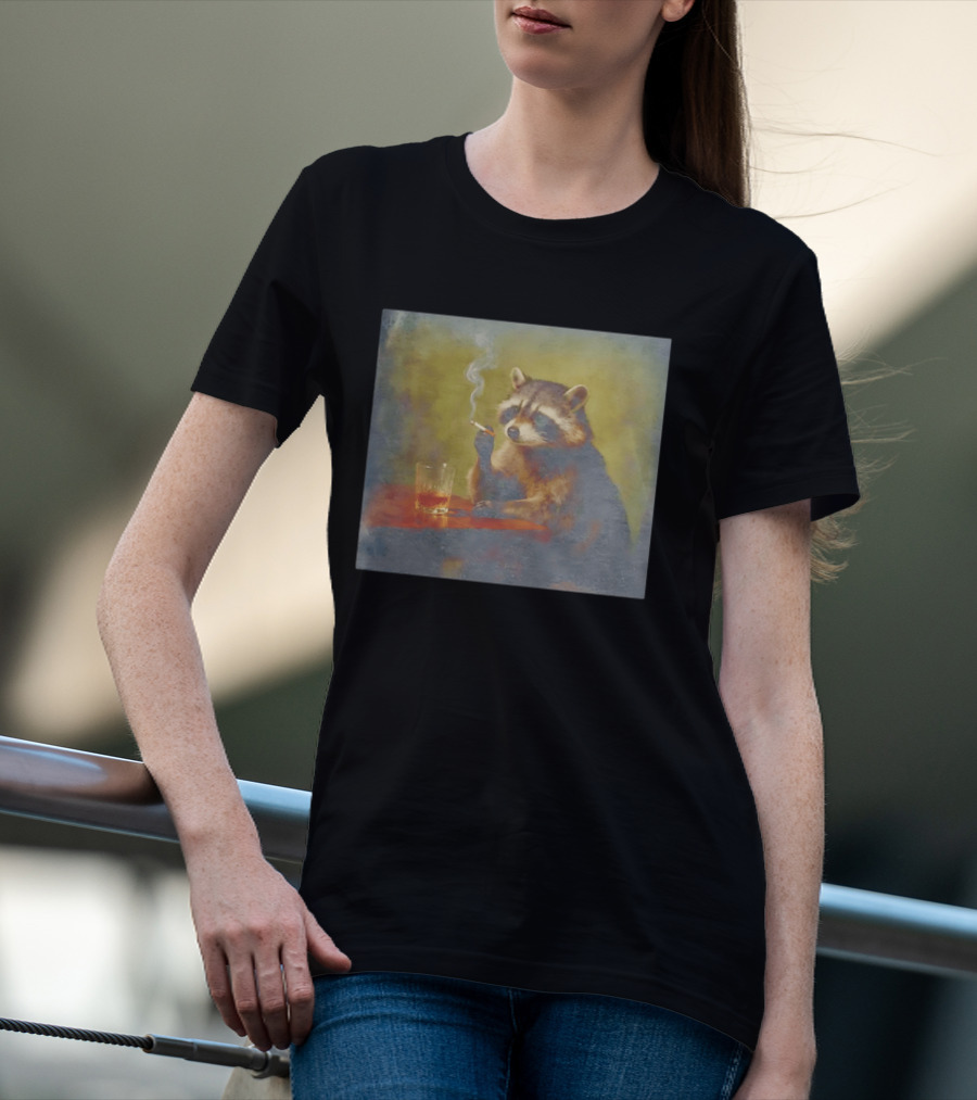 Sad Raccoon Smoking Cigarette And Drinking Whiskey Scene T-Shirt