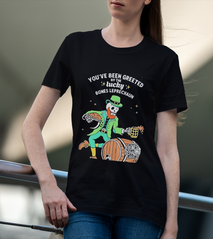 Lucky Bones Leprechaun With Beer And Barrel Celebration T-Shirt