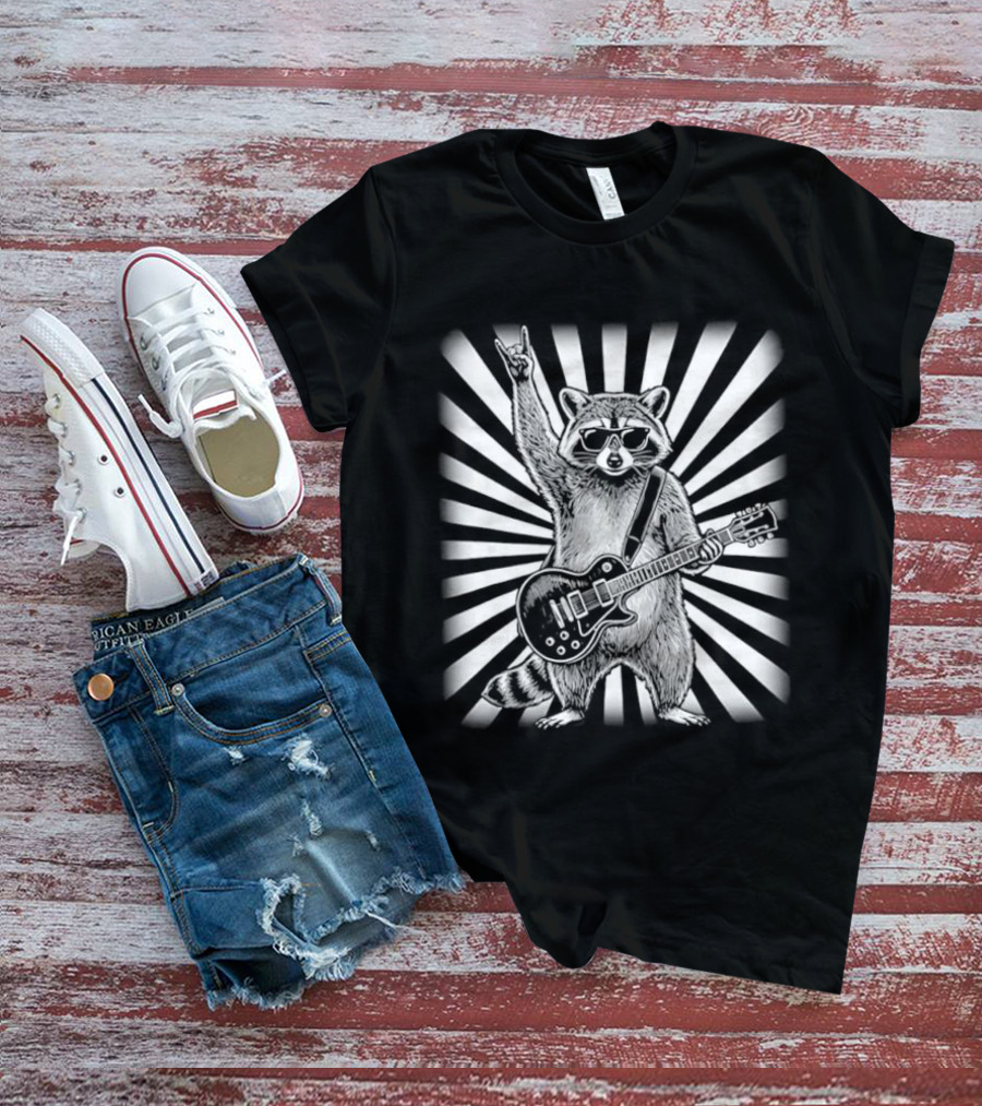Raccoon With Guitar Rocking Out Retro Style Starburst T-Shirt