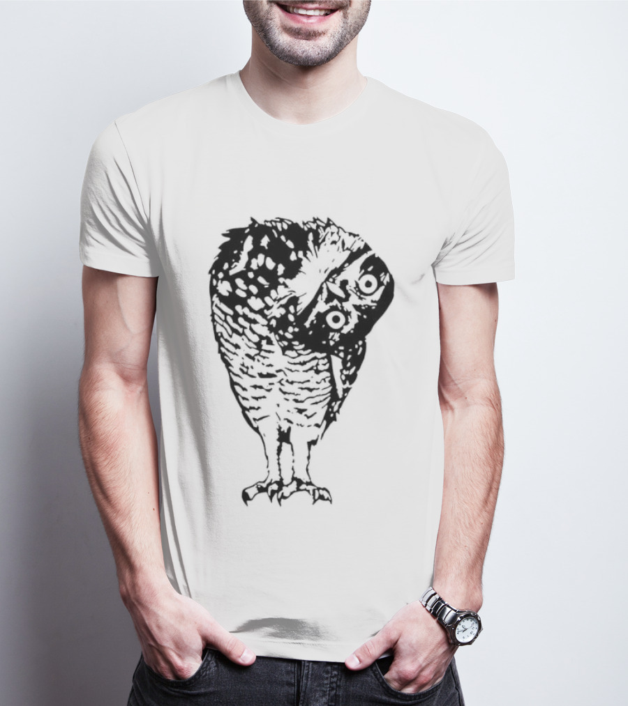 Linocut Owl Head Tilt Curious Bird Wildlife Sketch T-Shirt