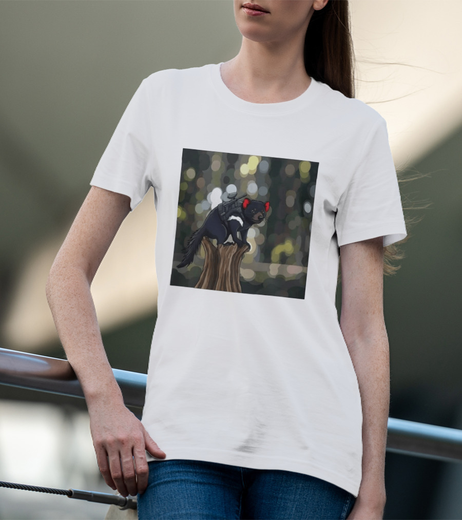 Tasmanian Devil With Machine Gun Cartoon On Tree Stump T-Shirt
