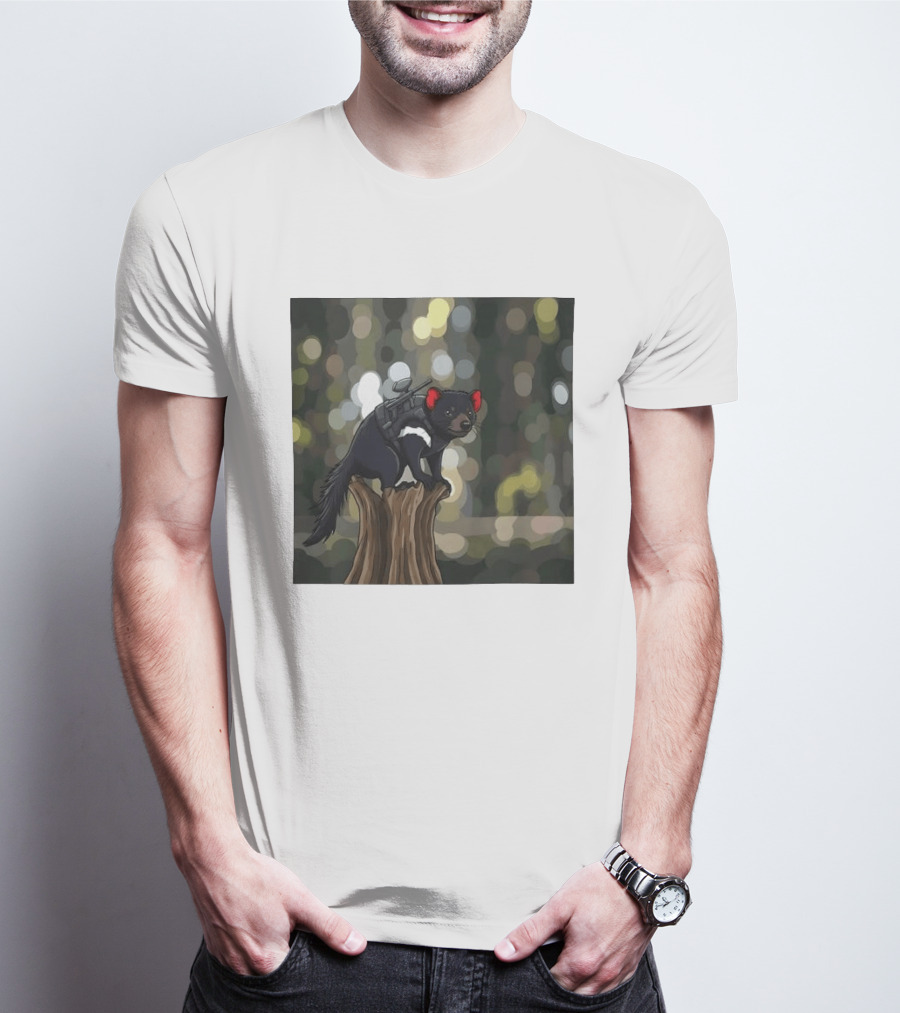 Tasmanian Devil With Machine Gun Cartoon On Tree Stump T-Shirt