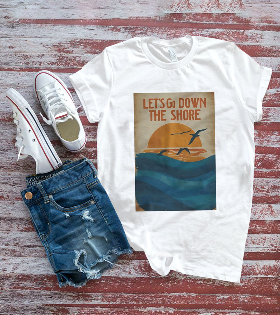 Let's Go Down The Shore Seaside Sunset Ocean Waves And Seagulls T-Shirt