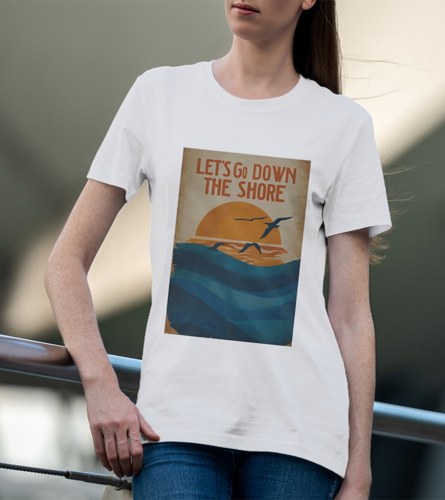 Let's Go Down The Shore Seaside Sunset Ocean Waves And Seagulls T-Shirt