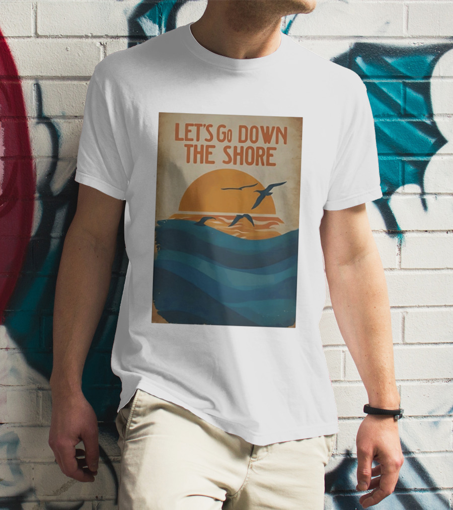 Let's Go Down The Shore Seaside Sunset Ocean Waves And Seagulls T-Shirt