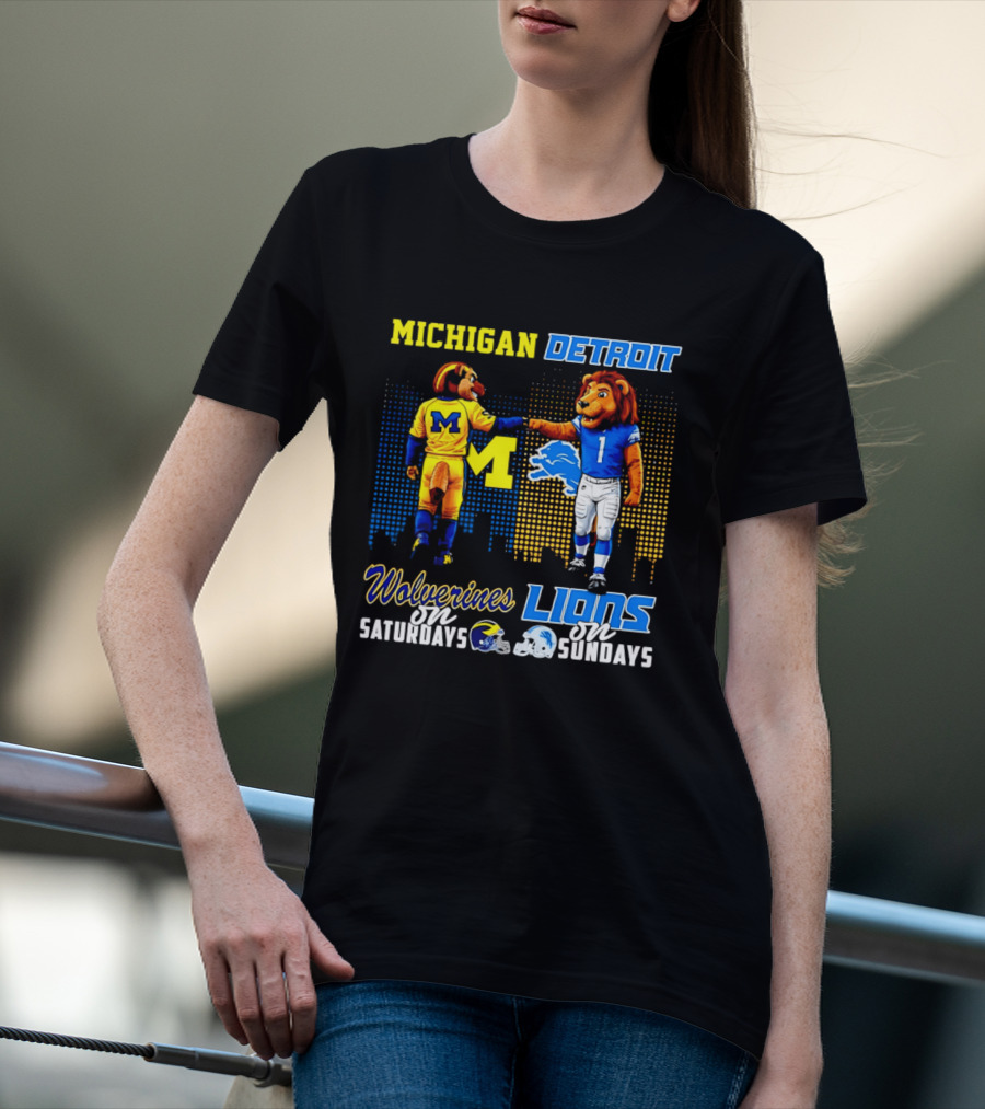 Michigan Wolverines Saturdays Detroit Lions Sundays Skyline T-Shirt