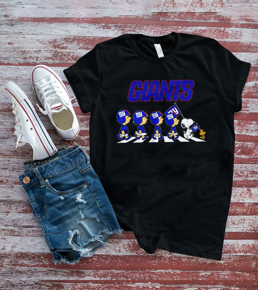 Peanuts Characters Walking With Giants Football Helmets And NY Flag T-Shirt
