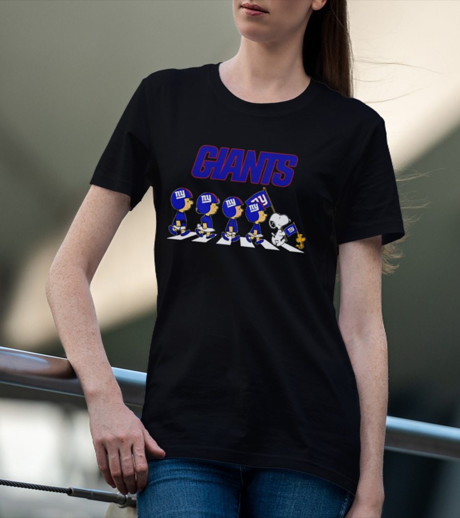 Peanuts Characters Walking With Giants Football Helmets And NY Flag T-Shirt