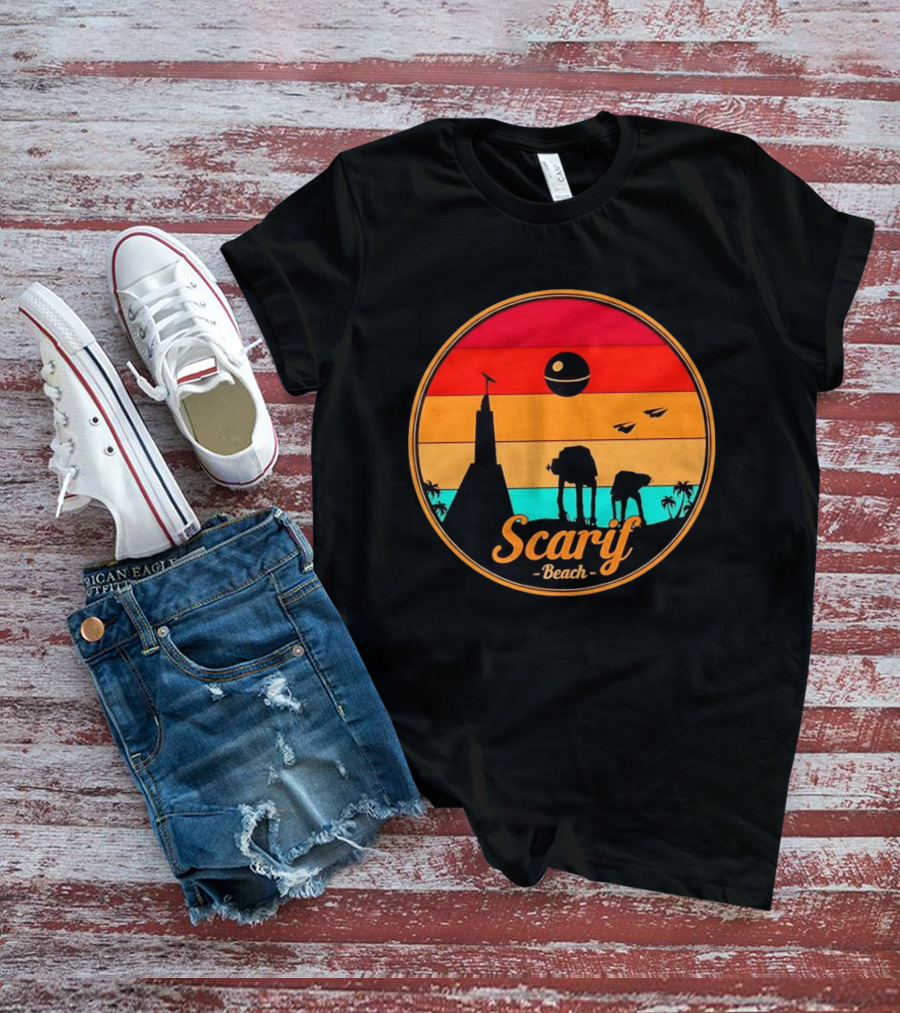Scarif Beach Sunset With AT ACT Walkers And Death Star T-Shirt