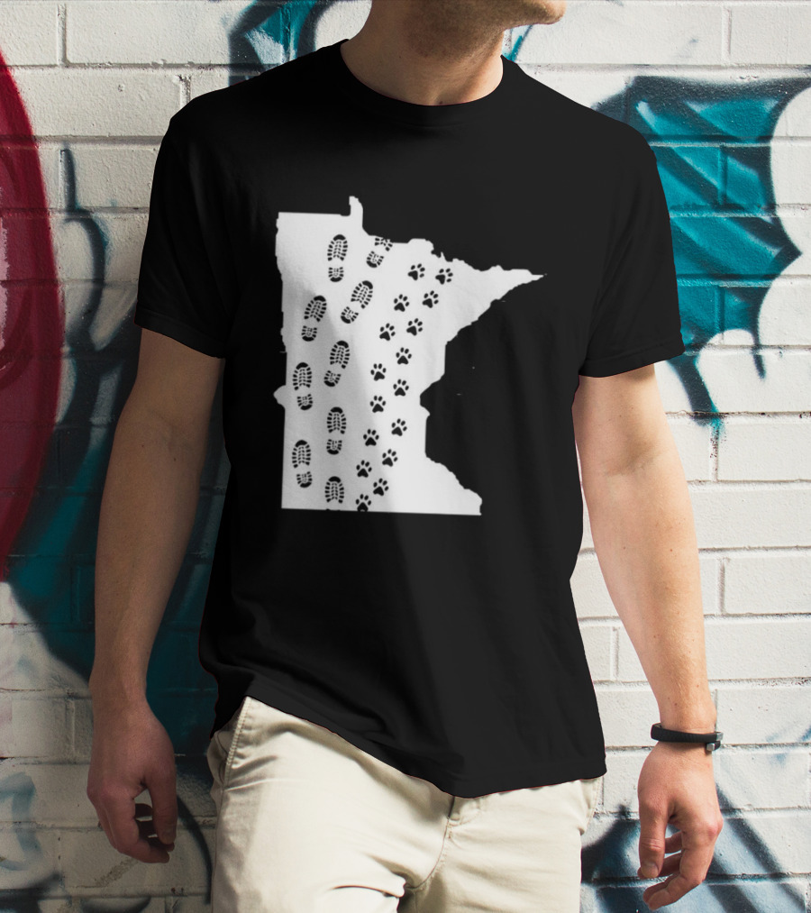 Minnesota Map Footprints And Paw Prints Outdoor Adventure T-Shirt