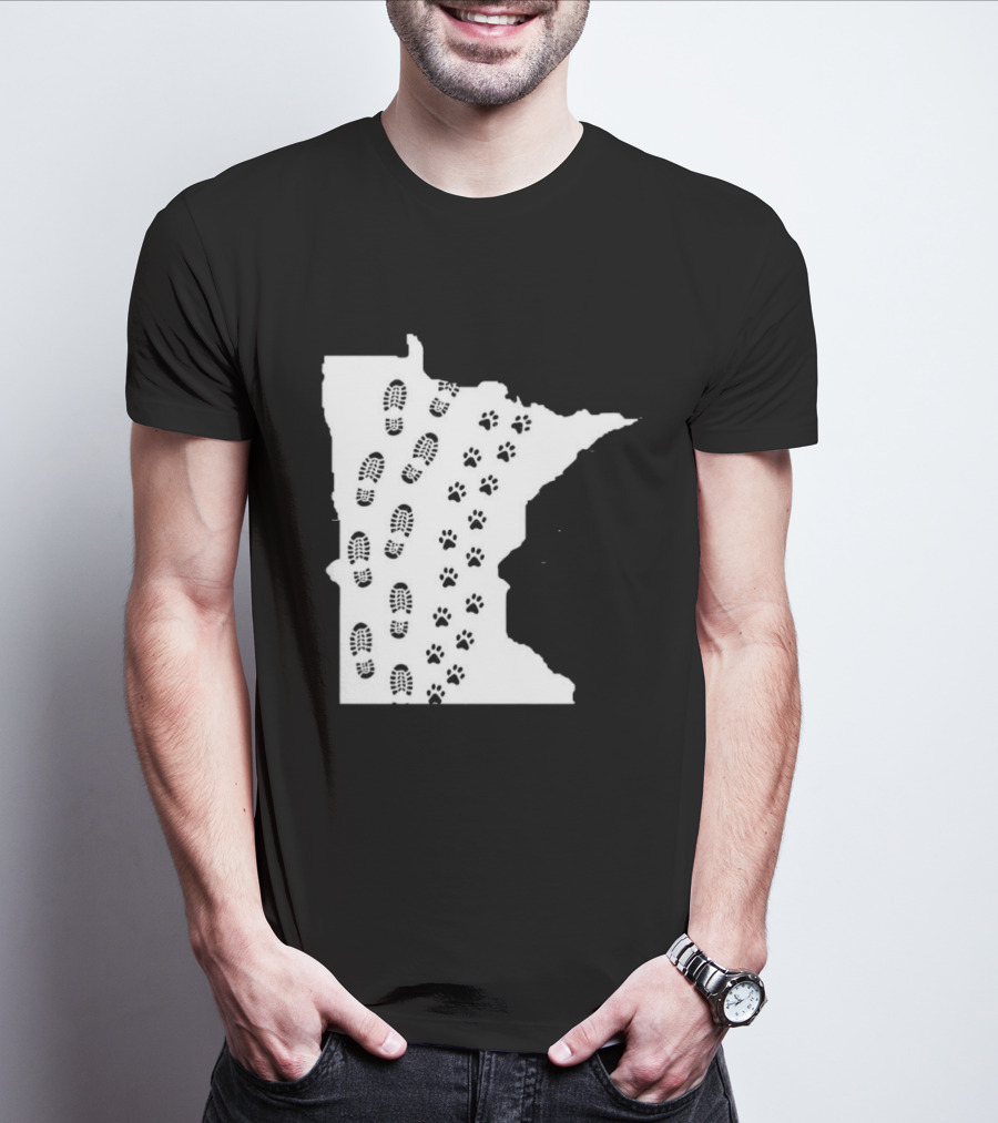 Minnesota Map Footprints And Paw Prints Outdoor Adventure T-Shirt