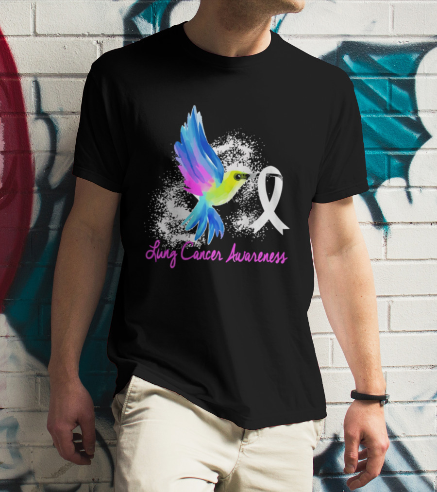 Lung Cancer Awareness Hummingbird With White Ribbon T-Shirt