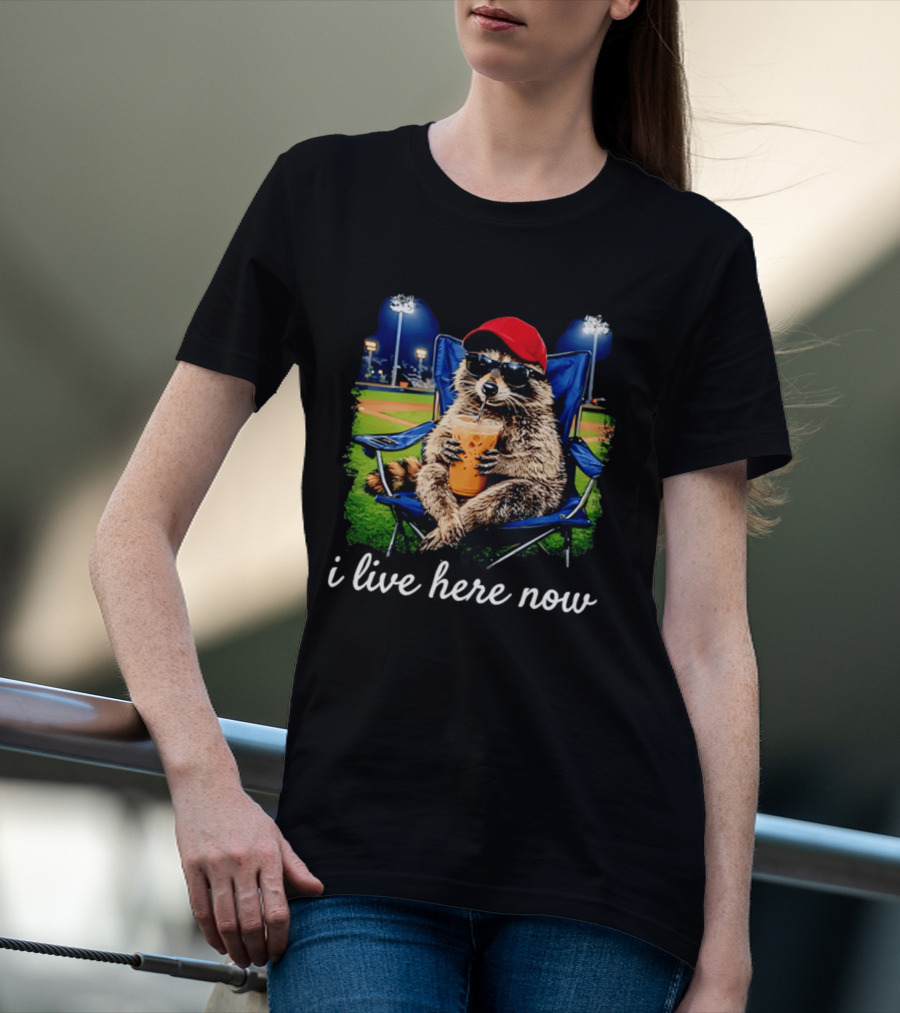 Raccoon I Live Here Now With Sunglasses And Drink At Baseball Field T-Shirt