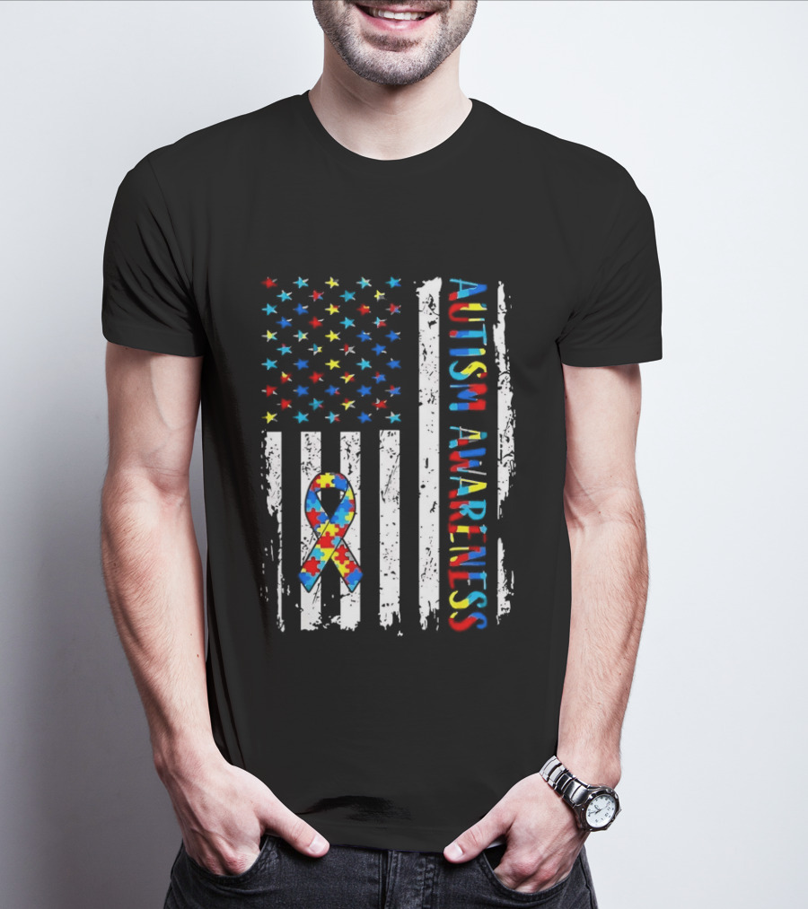 USA Flag Autism Awareness Ribbon Puzzle Pieces T-Shirt
