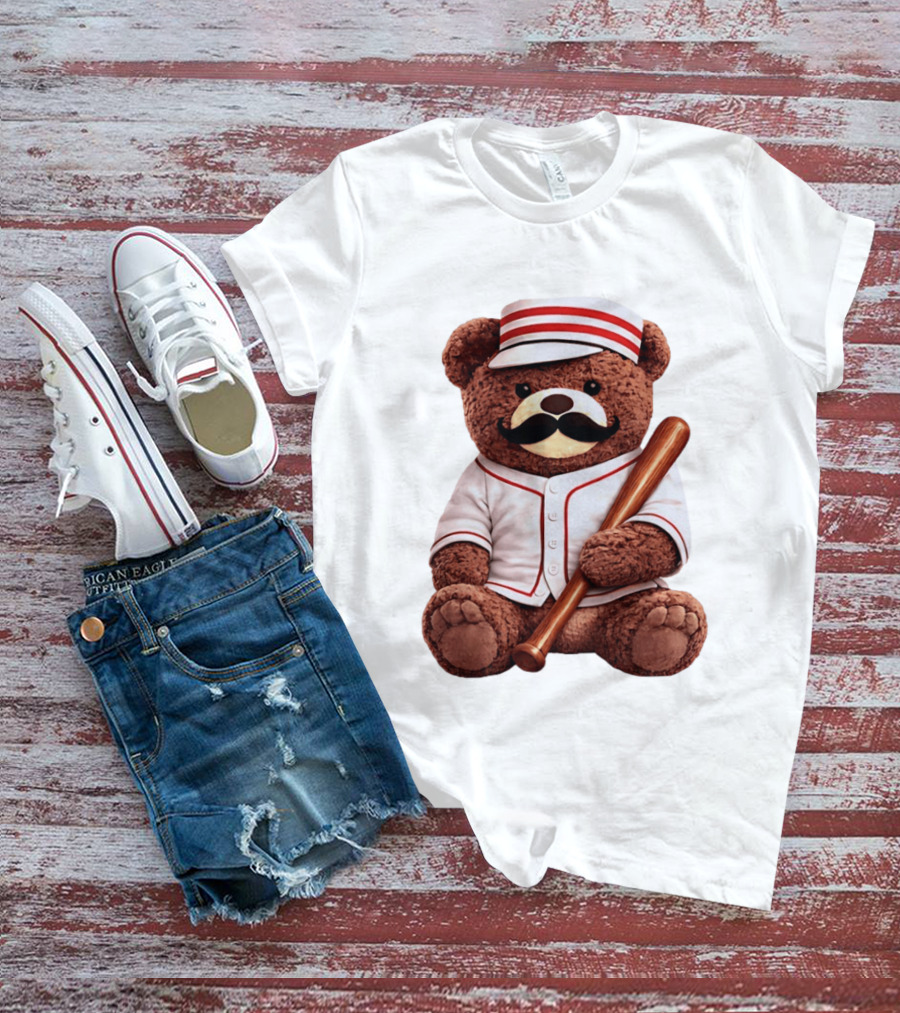 Teddy Bear Baseball Player With Bat And Jeyser Striped Uniform T-Shirt