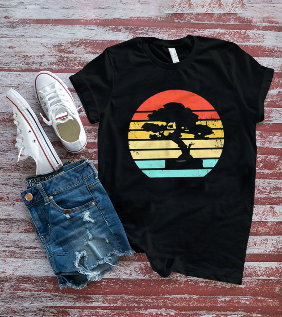 Bonsai Tree Silhouette Japan Retro Sunset T-Shirt