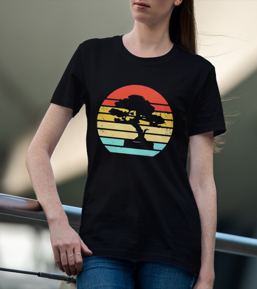 Bonsai Tree Silhouette Japan Retro Sunset T-Shirt