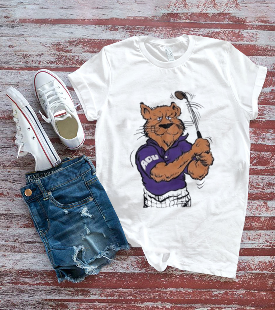 ACU Golf Puma In Purple Polo Swinging A Club T-Shirt