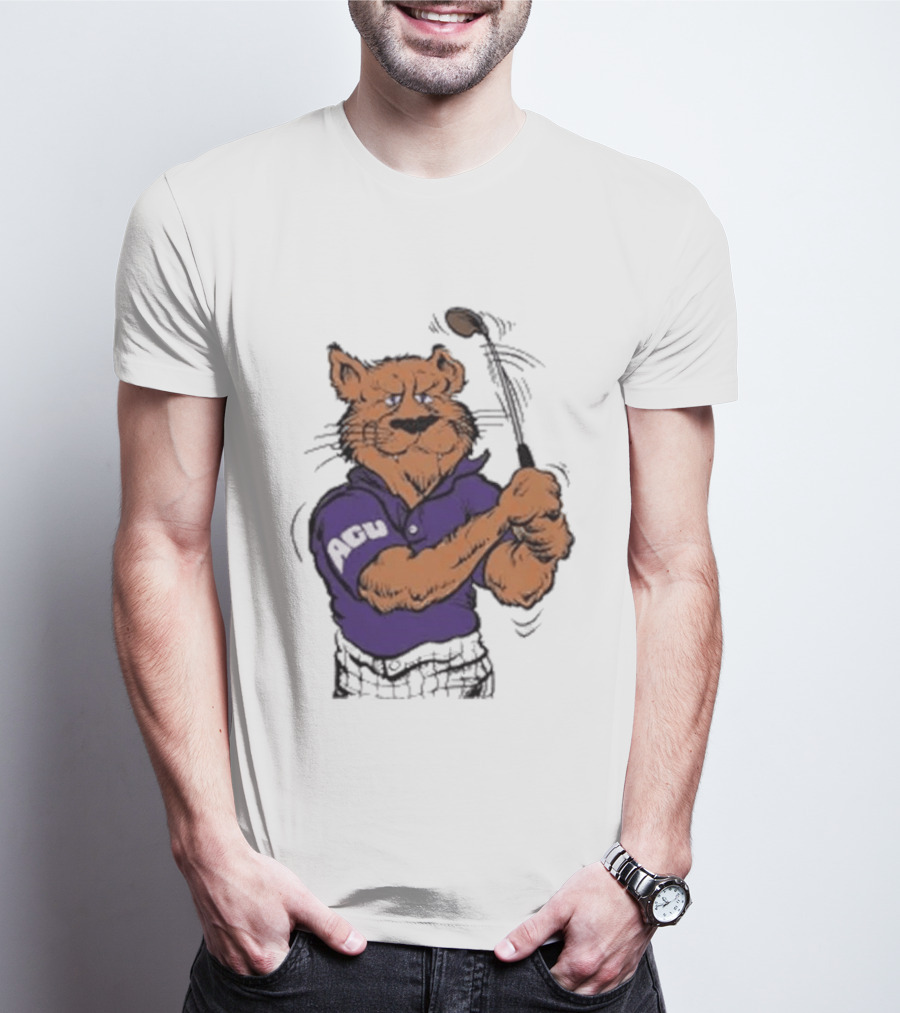 ACU Golf Puma In Purple Polo Swinging A Club T-Shirt