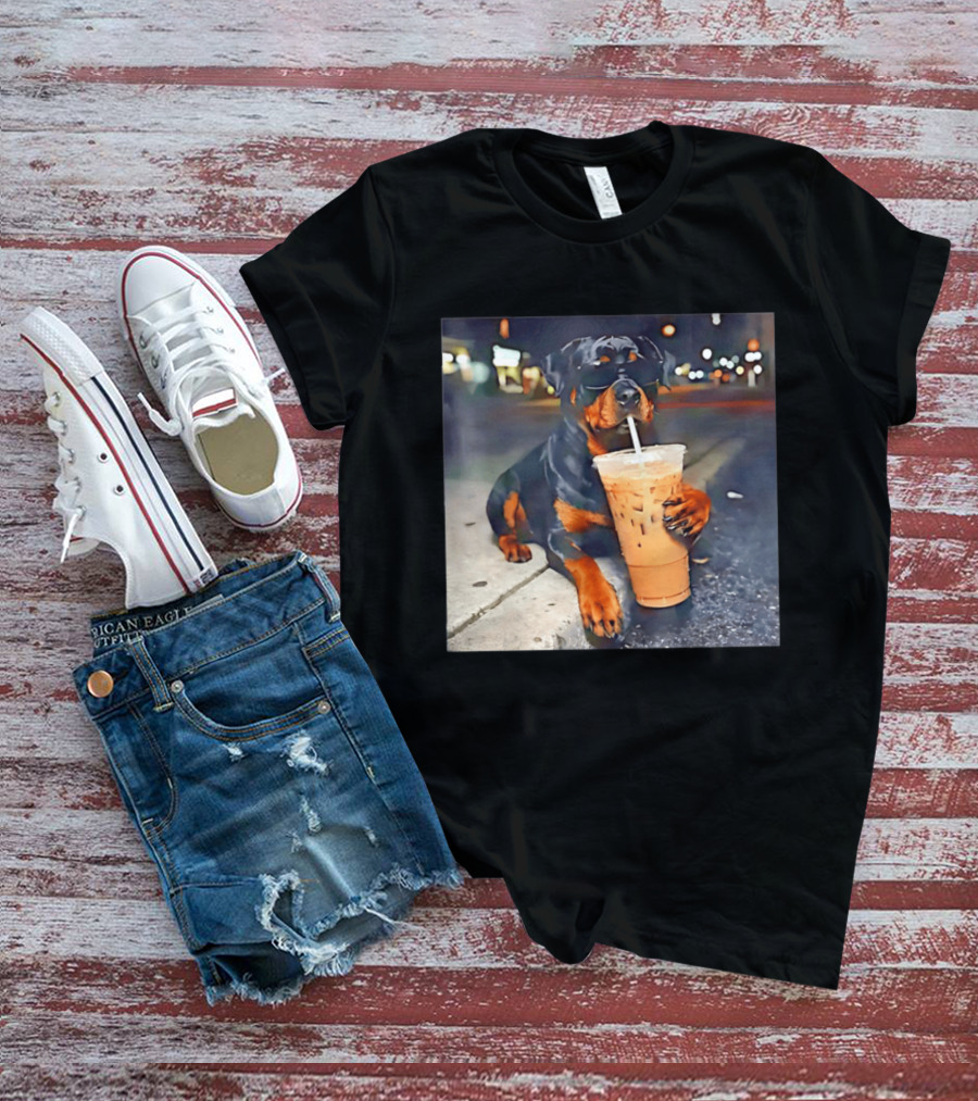 Rottweiler Drinking Iced Coffee Wearing Sunglasses Funny Dog T-Shirt