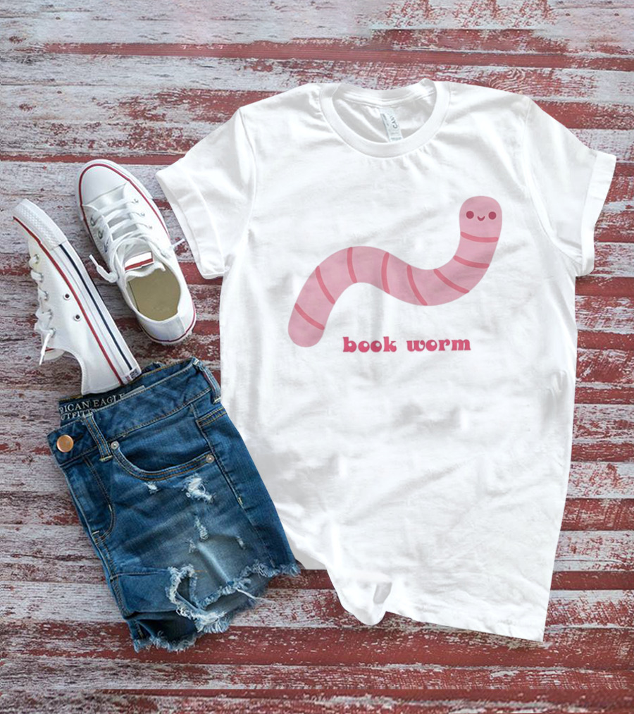 Pink Smiling Book Worm Cute T-Shirt