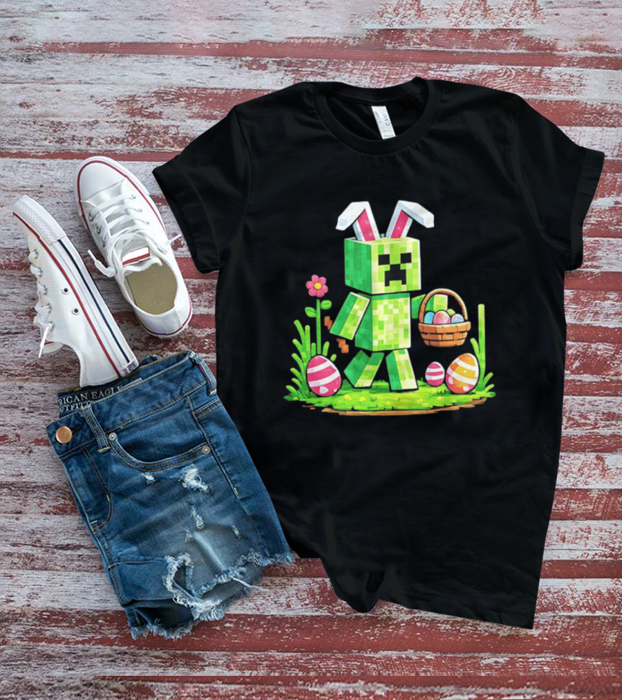 Creeper Rabbit Ears Easter Egg Hunt Gamer Pixel T-Shirt