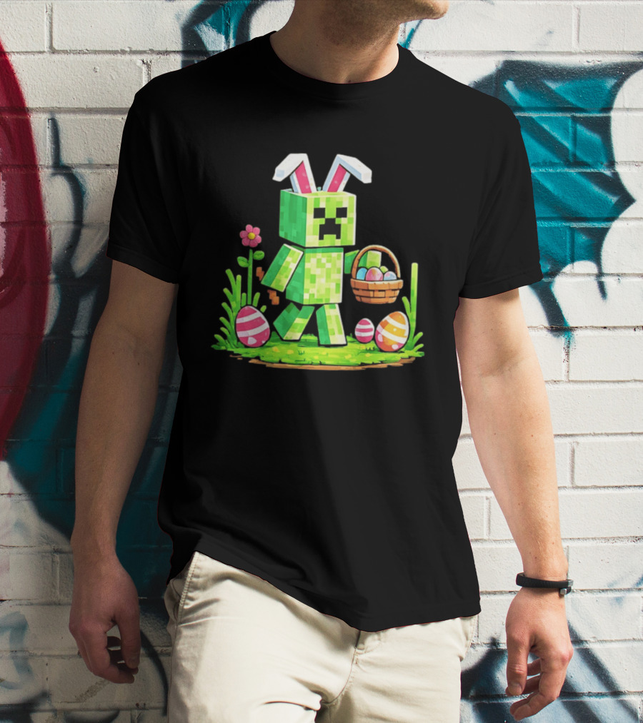 Creeper Rabbit Ears Easter Egg Hunt Gamer Pixel T-Shirt