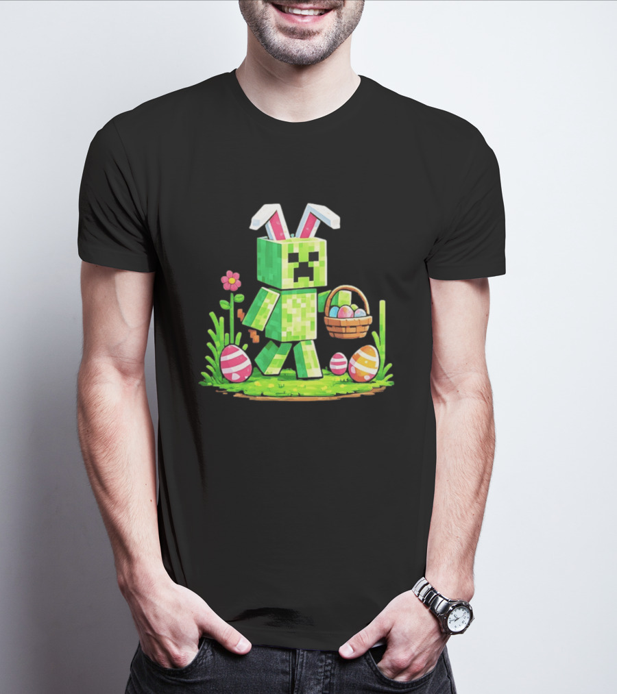 Creeper Rabbit Ears Easter Egg Hunt Gamer Pixel T-Shirt