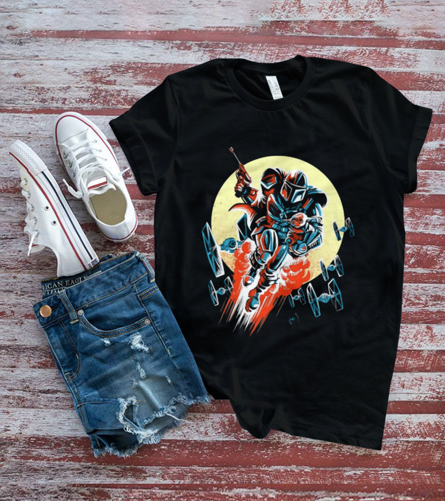 Din Djarin Grogu TIE Fighters Mandalorian Jetpack Adventure T-Shirt