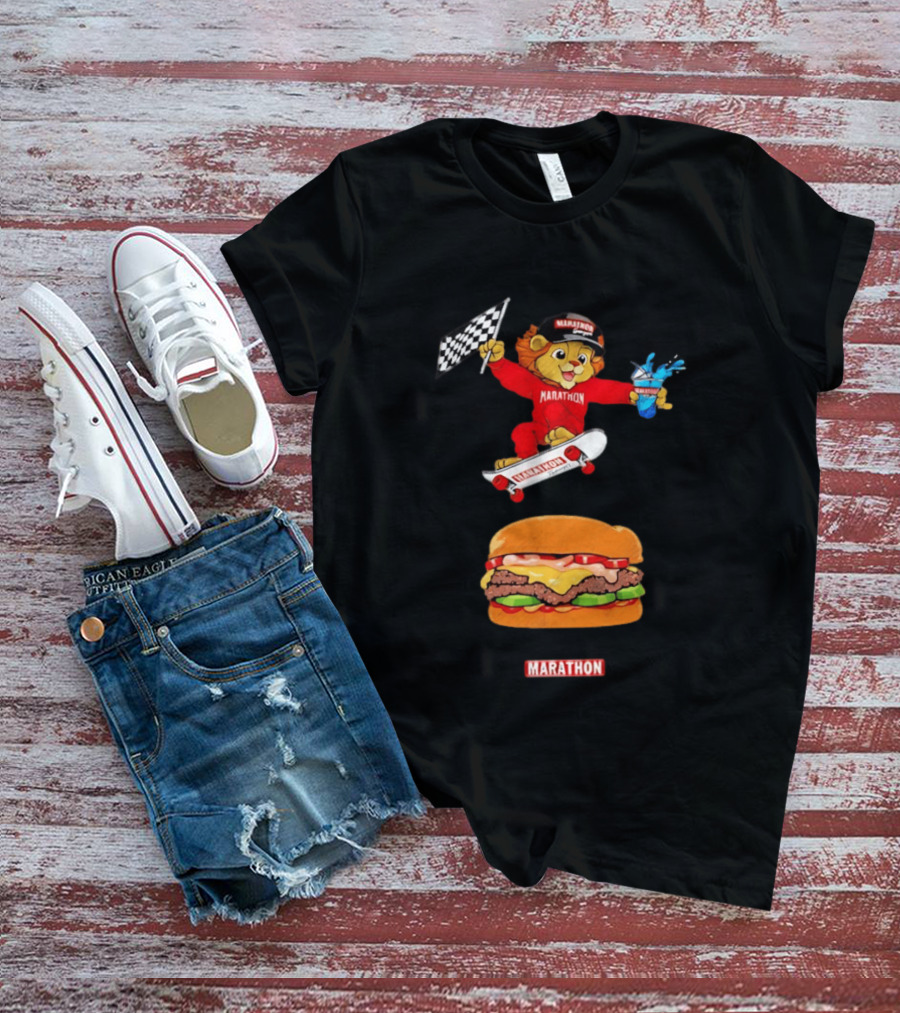 Marathon Lion Skateboarding Checkered Flag Cheeseburger T-Shirt