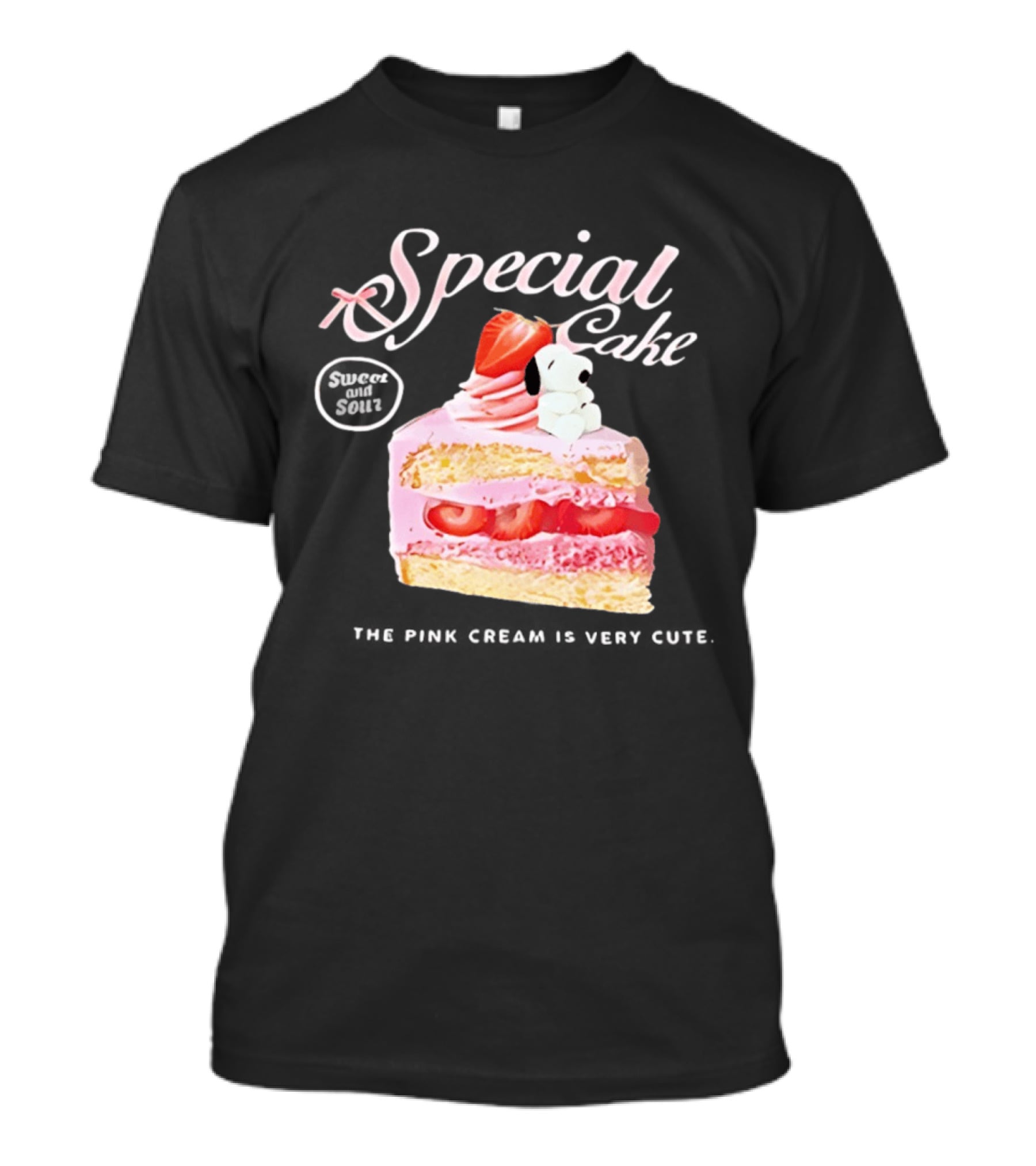 Special Cake Pink Cream With Strawberry And Snoopy T-Shirt