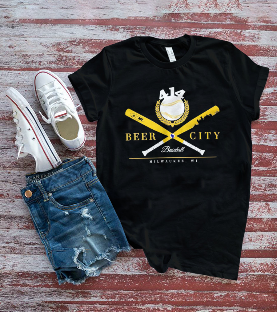 Beer City Baseball 414 Milwaukee WI Bat Crossed Laurel T-Shirt