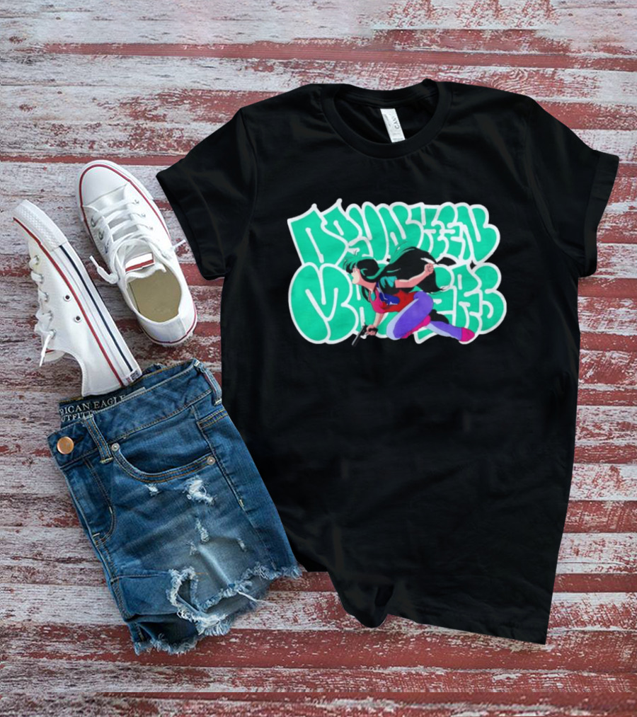 Drunken Masters Anime Girl Green Graffiti Gun Action T-Shirt
